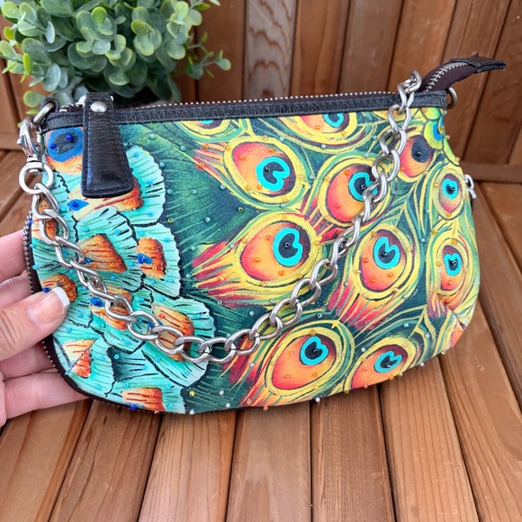 Sharif Peacock Feather Artsy Y2K Boho Crossbody w/Chain Shoulder Strap Statement - Picture 3 of 11